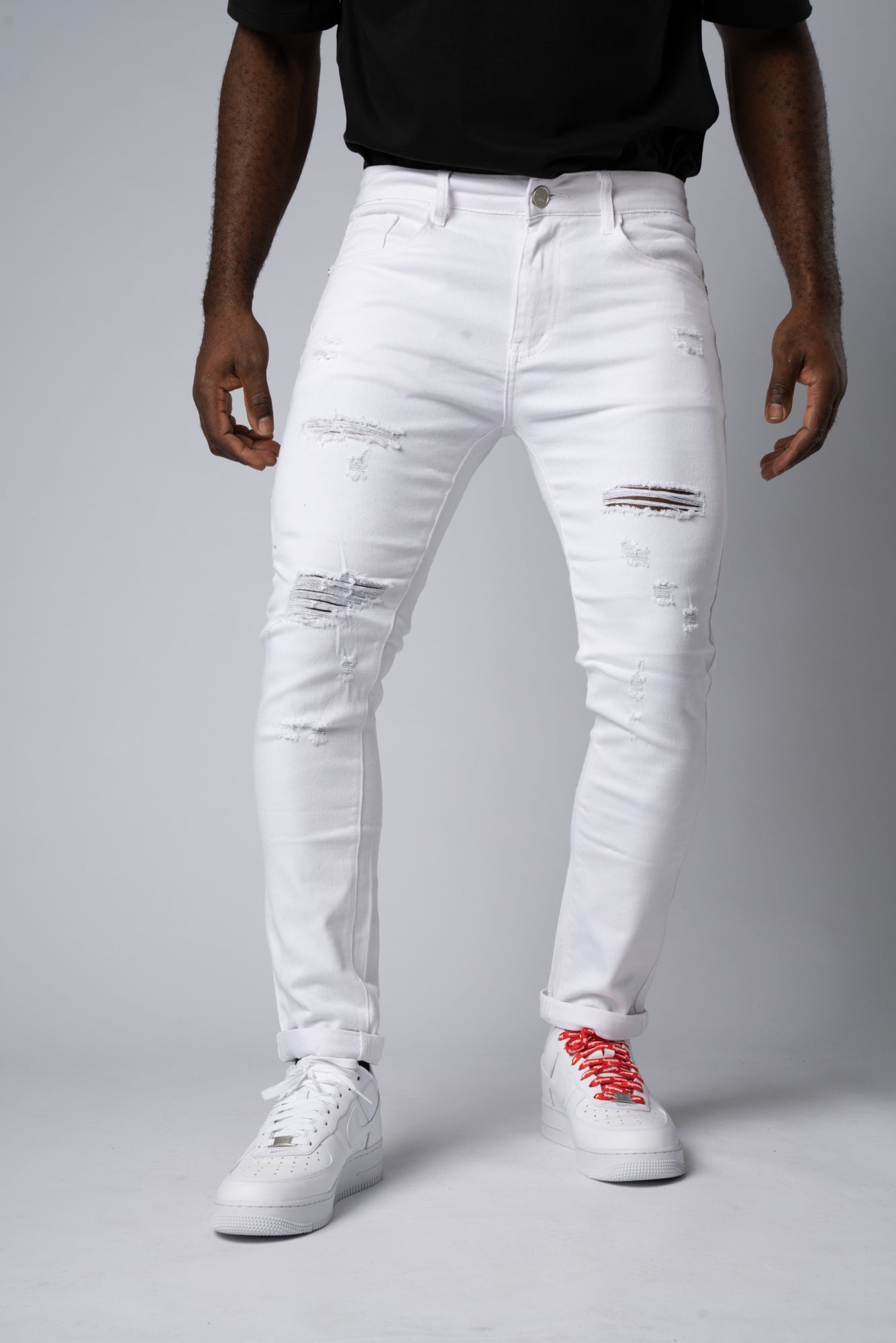 Jeans Denim Destroyed Con Strappi White