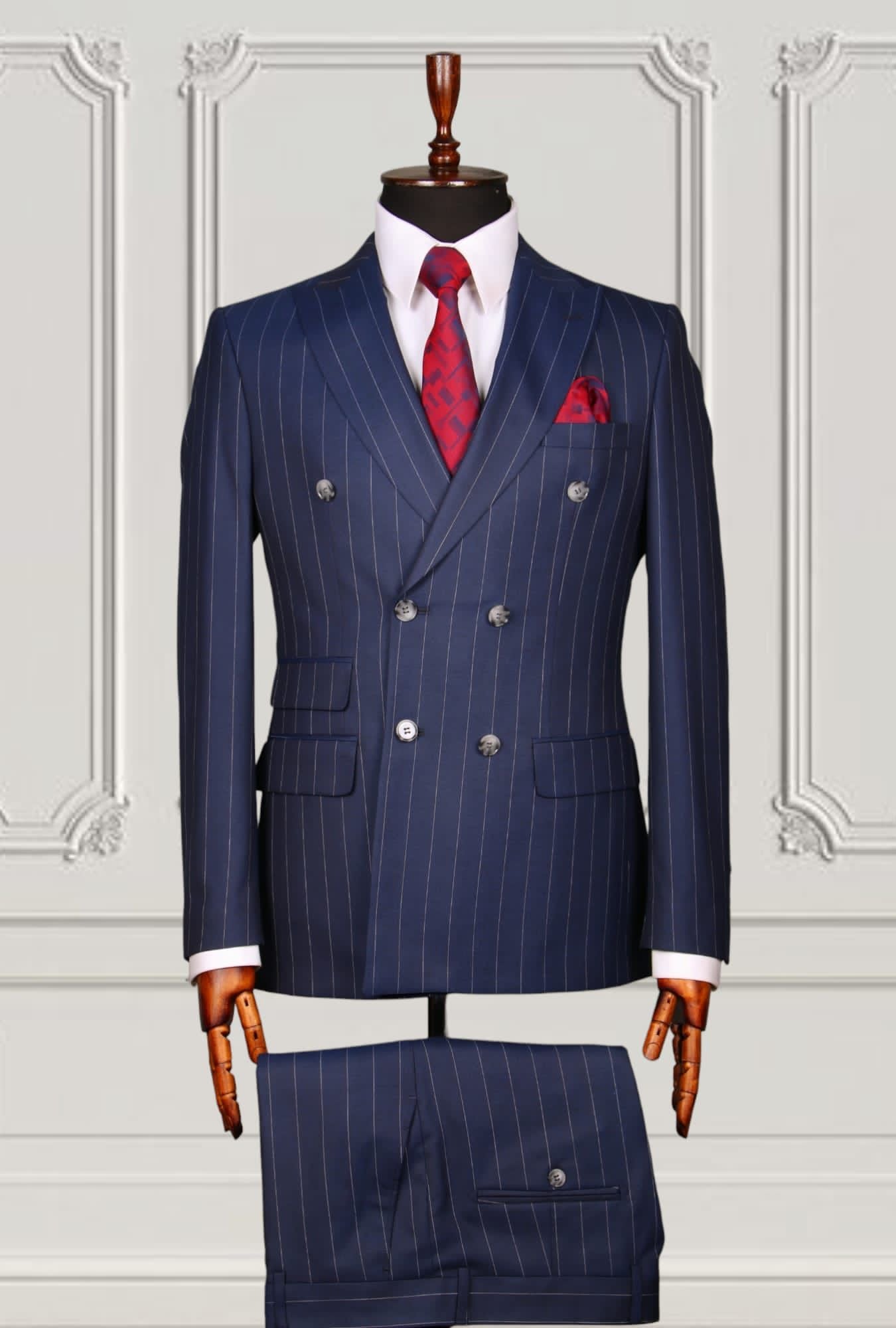 ABITO DOPPIO PETTO BLUE GESSATO SLIM FIT IN LANA ECOSOSTENIBILE